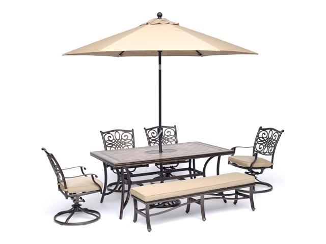 Hanover Monaco 6 Piece Dining Set In Tan With 4 Swivel Rockers 1 Bench A 40 X 68 Tile Top Table And A 9 Ft Umbrella With Stand Mondn6pcsw4bn Su T Patio Furniture Newegg Com