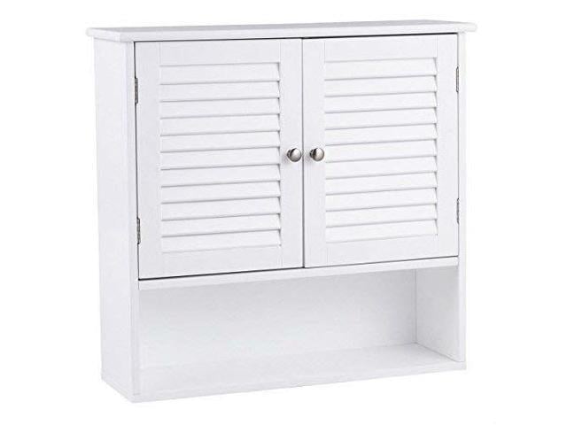 White Wall Mount Bathroom Cabinet With Louver Doors And Metal