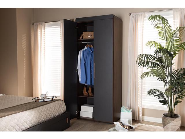 Baxton Studio Rikke Modern And Contemporary Two Tone Gray And Walnut Finished Wood 7 Shelf Wardrobe Storage Cabinet