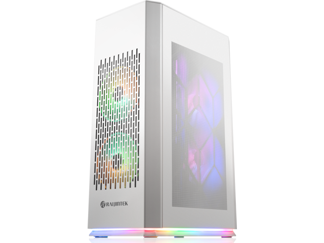 RAIJINTEK OPHION ELITE WHITE, a Mini-ITX ARGB case smallest built with max. possibility of high-end, gaming, components, supports 320mm VGA, 5*2.5 HDD/ SSD, Max. 7 fans, ATX PSU, and cable management