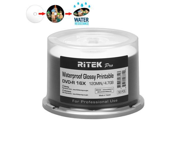 50 Pack Ritek Pro (Professional Grade) DVD-R 16X 4.7GB AZO Dye (MID MXL RG04) Watershield Water Resistant Glossy White Inkjet Hub Printable Blank Recordable Disc