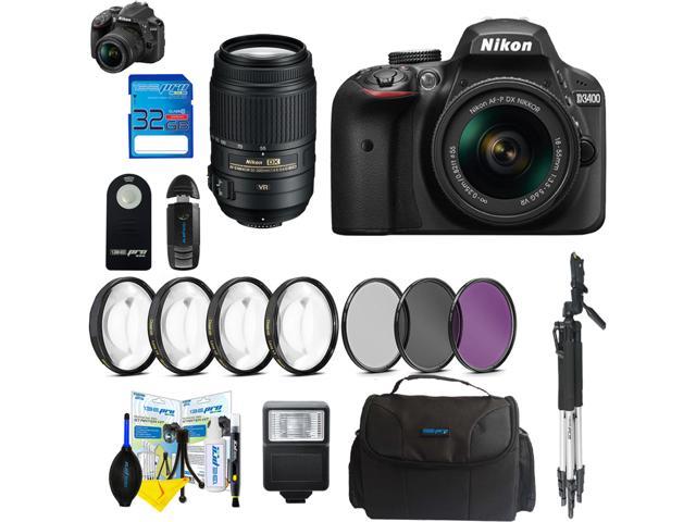 Nikon D3400 Dslr Digital Camera With Nikon Af P Dx Nikkor 18 55mm F 3 5 5 6g Vr Lens Nikon Af S Dx Nikkor 55 300mm F 4 5 5 6g Ed Vr Lens Pixi Basic Bundle Newegg Com