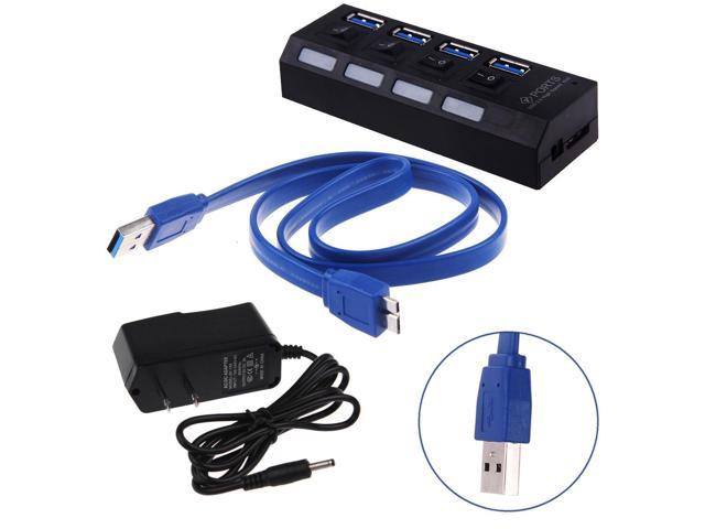 4 Ports USB 3 0 Hub with On Off Switch AC Power Adapter For Desktop Laptop