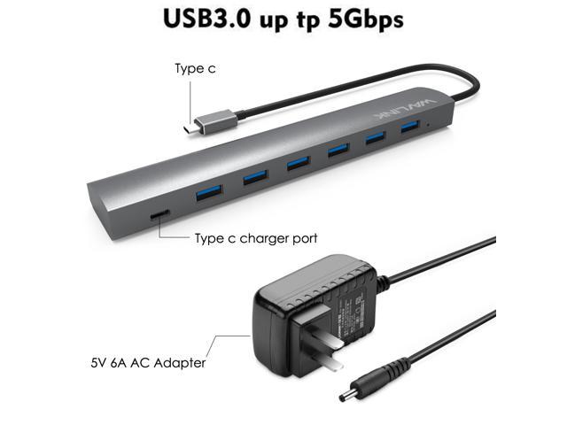 Wavlink USB 3.1 to USB 3.0 7-Port USB-C Hub Aluminum Hub Bus Multi-function USB Extender- 9.5" Built-in USB 3.1 Type C Extension Cable Transfer Rates Up to 5Gbps w/ 5V AC Power Adapter- Gray
