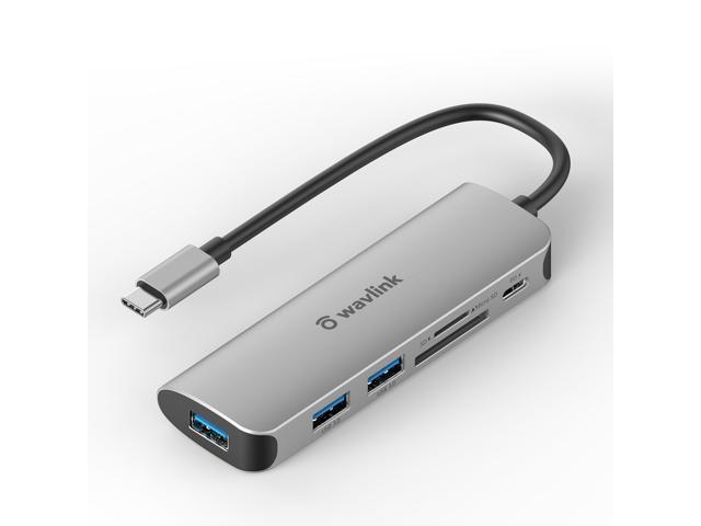 Wavlink Aluminum 6 Ports USB C Hub Powered 65W Charging, Mini USB 3.0 Hub for Laptop with 10.5cm/0.35ft Cable, 3xUSB 3.0, 1xUSB C, 1xSD/TF Card Reader, for Mac, Windows, Surface Pro, XPS, Mobile Phone
