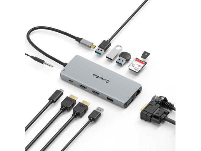 Wavlink USB C Dock 11 Ports MST Hub 60W USB C Charger, USB C to HDMI/VGA Display, Dual Monitor 4K@30Hz HDMI, 2K@60Hz VGA, 2xUSB 3.0, USB 2.0, SD/TF Card Reader, Gigabit Ethernet, 3.5mm Phone Jack