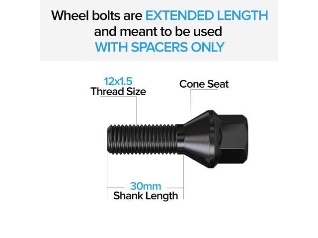 Cone Seat for many BMW Vehicles: 128i 135i 318i 320i 325i 328i 335i M3 525i 528i 530i 535i M5 Z3 Z4 E36 E46 E60 E90 E92 E93 30mm Shank Length 20 Extended Chrome Lug Bolts 12x1.5 