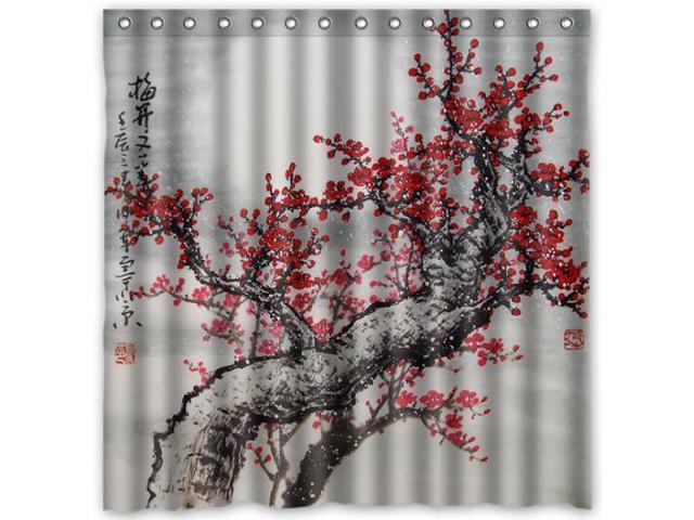 Opened Plum Blossom Design Polyester Fabric Bath Shower