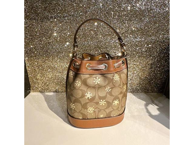 Coach CE587 Signature Snowflake Dempsey 15 Drawstring Bucket Bag Khaki Gold  Multi