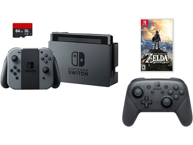 Nintendo Switch Bundle (4 items): 32GB Switch Console Gray Joy-Con, 64GB Micro SD Memory Card, Pro Wireless Controller, The Legend of Zelda: The Breath of the Wild Game Disc