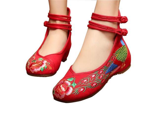 Chinese Embroidered Shoes Women Ballerina  Cotton Elevator shoes embroidered fan 