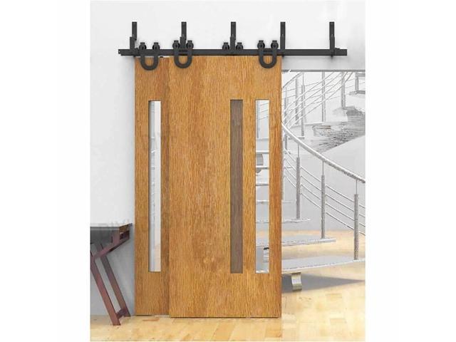 Garage U Shaped Wheel Bypass Flat Track Hanging Wide Stay Double Sliding Rollers Hardware For Barn Wood Doors 15ft