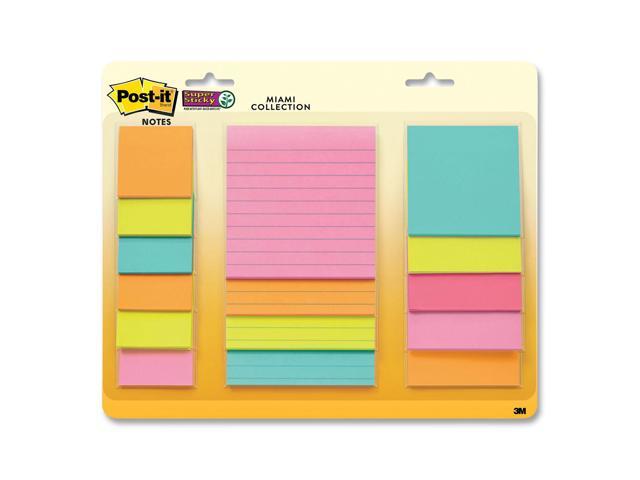 Post-it Super Sticky Notes, Assorted Sizes, 15 Pads, 2x the Sticking Power, Miami Collection, Neon Colors (Orange, Pink, Blue, Green), Recyclable (4423-15SSMIA)