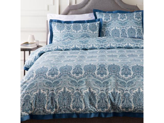 Blue And White Damask Cotton Full Queen Duvet Cover And Shams
