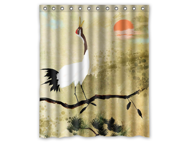 Home Decoration Bathroom Shower Curtain Asian Art Chinese Style Crane Bird Red Crowned Cranes Waterproof Fabric 60 W X72 H Inch