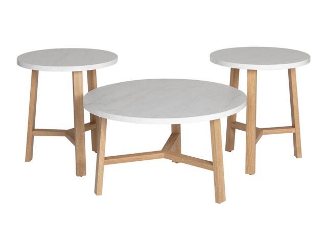 3 Piece Mid Century Modern Accent Table Set Faux White Marble Light Oak Newegg