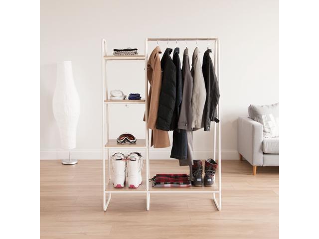 IRIS Metal Garment Rack with Wood Shelves, White and Light Brown