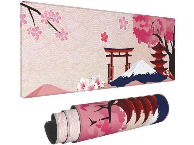 Japanese Landscape Pink Sakura Extended Mouse Pad 31.5x11.8 Inch XL Cherry Blossom Non-Slip Rubber Base Large Gaming Mousepad Stitched Edges Waterproof Keyboard Mouse Mat Desk Pad for Office Home