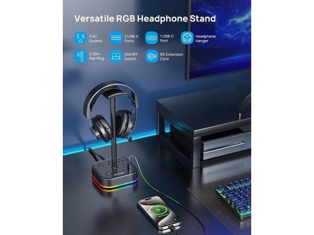  TROND Headphone Stand with USB C, Desk Gaming Headset Holder  with 3 AC Outlets, 2 USB A and 1 USB C, Headset Stand with 5 RGB Light  Modes, for Gaming Desk