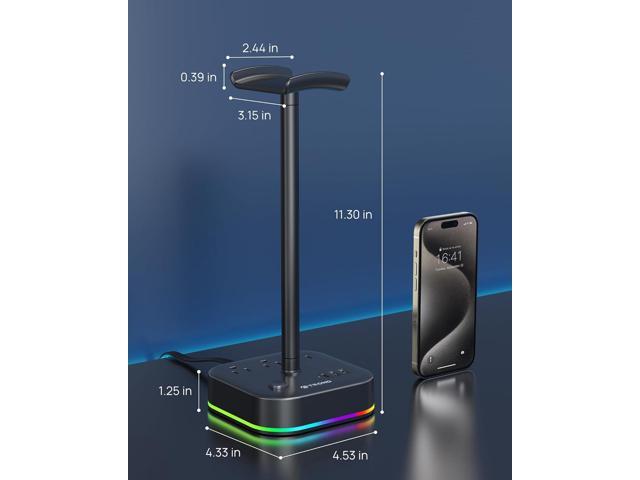  TROND Headphone Stand with USB C, Desk Gaming Headset Holder  with 3 AC Outlets, 2 USB A and 1 USB C, Headset Stand with 5 RGB Light  Modes, for Gaming Desk