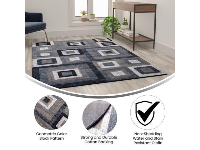 Flash Furniture Gideon Collection Geometric 5' x 5' Blue, Grey, and White Round Olefin Area Rug with Cotton Backing, Living Room, Bedroom