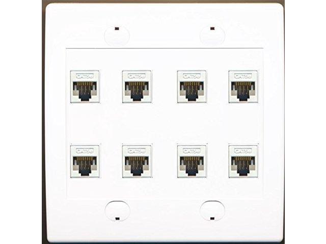 White RiteAV 8 Port Flat Dual 2 Gang Ethernet Cat5e RJ45 Network Wall Plate