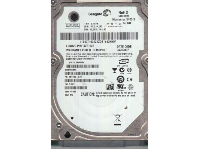 Internal Hard Drive HDD ST960813AS Seagate 60 GB 5400 RPM SATA 2.5/"