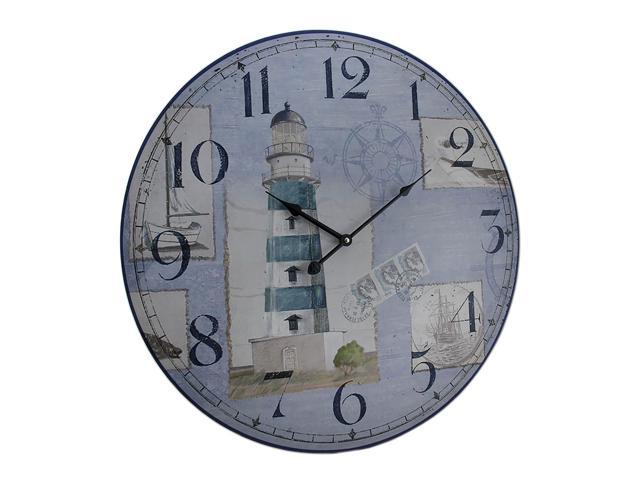 Blue and White Nautical Lighthouse Round Wooden Wall Clock