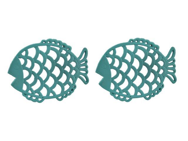 2 Piece Tropical Turquoise Blue Cast Iron Filigree Fish Decorative Trivet Set