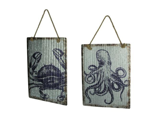 Ribbed Texture Galvanized Metal Octopus and Crab Art Wall Hanging Set