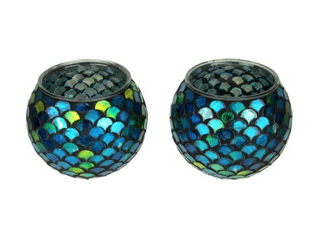 Blue Mosaic Glass Art Mermaid Scales Decorative Bowl 6 Inch Set Of