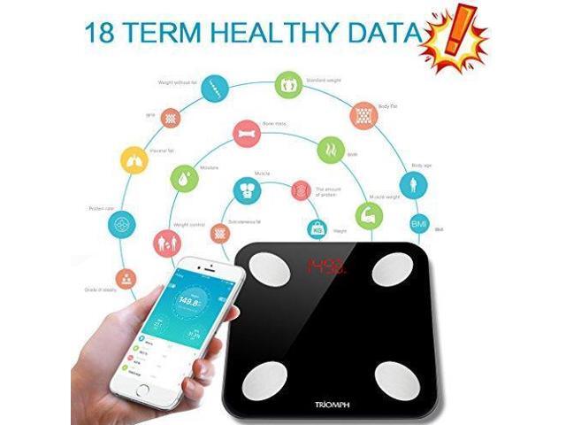 Black USB Charging Body Fat Scale with IOS and Android App Digital Bathroom Scale for Weight Body Fat Bone Mass and Visceral Fat BMI Water Triomph Rechargeable Smart Bluetooth Scale Muscle BMR