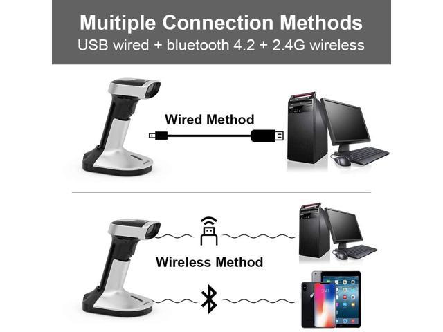 Bluetooth Barcode Scanner REEXBON Handeld 2.4GHz Wireless Bar Code Scanners with Charging Cradle USB Automatic Accurate Scan Barcode QR 2D Code Reader 