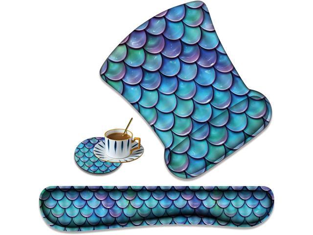 XMTMR-Glass Ergonomically Upgraded Keyboard Wrist Rest and Comfortable Wrist Rest Gel Mouse Pad Set, Non-Slip Rubber Base and Cute Coaster, for Work, Game Home, Blue Purple Fish Scales
