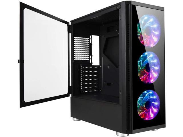 GOLDEN FIELD Z7 ATX Computer Case with 3 Colorful LED Fans Gaming PC Case Mid Tower Tempered Glass Side Panel 