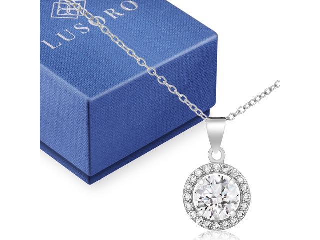 Lusoro 925 Sterling Silver Cz Round Halo Pendant Necklace Aaa Cubic Zirconia Pave Frame