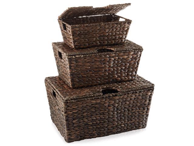 Casafield Set of 3 Water Hyacinth Lidded Storage Baskets  (Small/Medium/Large), Multipurpose Organizer Totes with Tapered Bottoms