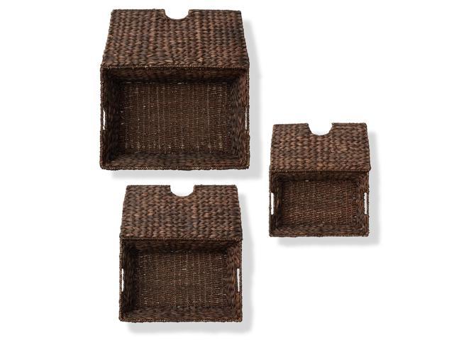 Casafield Set of 3 Water Hyacinth Lidded Storage Baskets  (Small/Medium/Large), Multipurpose Organizer Totes with Tapered Bottoms