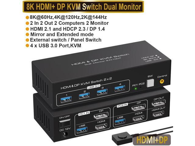 2 Port Dual Monitor DisplayPort HDMI KVM Switch 8K @60Hz, 4K @120Hz ...