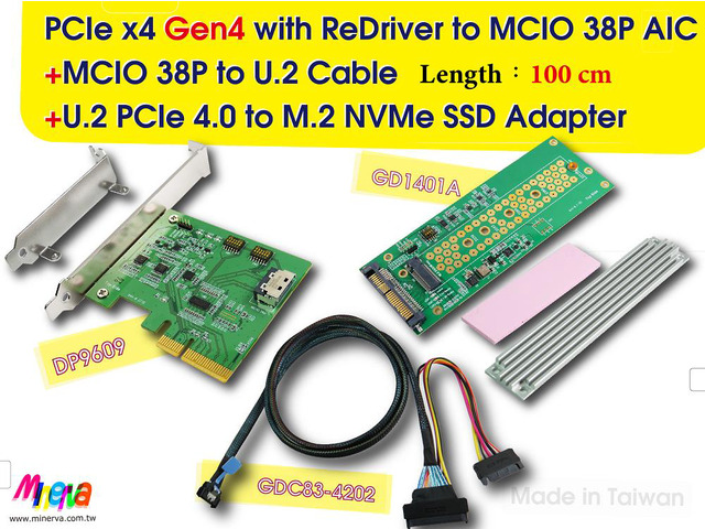 PCIe x4 Gen4 with ReDriver to MCIO 38P AIC & MCIO 38P to U.2, 100 cm ...