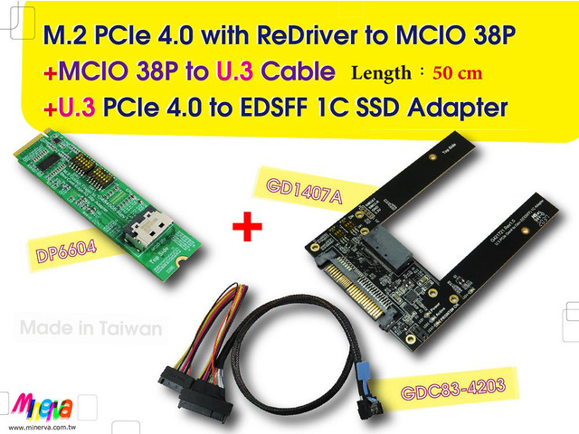 M.2 PCIe 4.0 with ReDriver to MCIO 38P AIC & MCIO 38P to U.3, 50cm ...