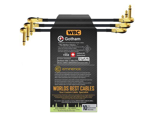 Custom Made by WORLDS BEST CABLES Guitar Bass Effects Instrument 6.35mm Low-Profile R/A Pancake Type Connectors 8 Inch Patch Cable & Gold Low-Cap 21pF/ft 3 Units Gotham GAC-1 Ultra Pro 