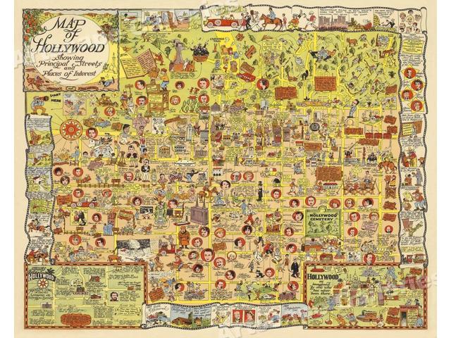 1928 Hollwood Places of Interest Historic Old Map 24x30