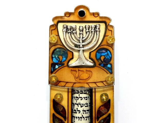 Jewish Mezuzah Case With Scroll Menorah Wood Gemstones Israel