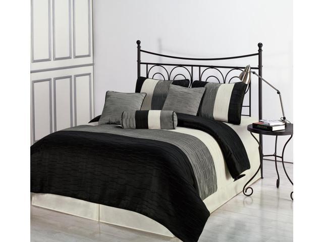 Amber Queen Size 7pc Jacquard Comforter Set Black Silver Cream