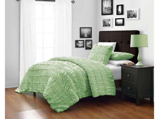 Ruched King Cal King Size Green 3 Piece Duvet Cover Set With 1pc