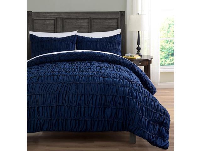 Ruched Beddings 3 Piece Full Size Pich Pleat Comforter Set Navy