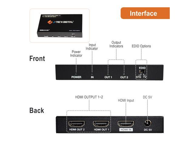 JTECH-4KSP14 Supports 3D and VESA Video formats HDMI Splitter 1 in 4 Out 18Gbps 4K@60Hz HDR10 by J-Tech Digital HDMI 2.0b HDCP 2.2 Compliant with Smart EDID Control