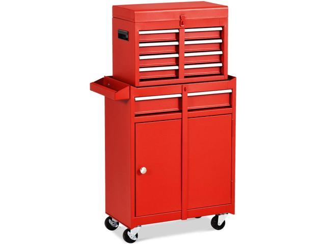 Costway 2 in 1 Tool Chest & Cabinet with 5 Sliding Drawers Rolling Garage Organizer Red