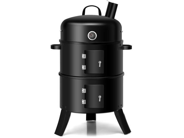 3-in-1 Portable Round Charcoal Smoker Vertical BBQ Grill Built-in Thermometer